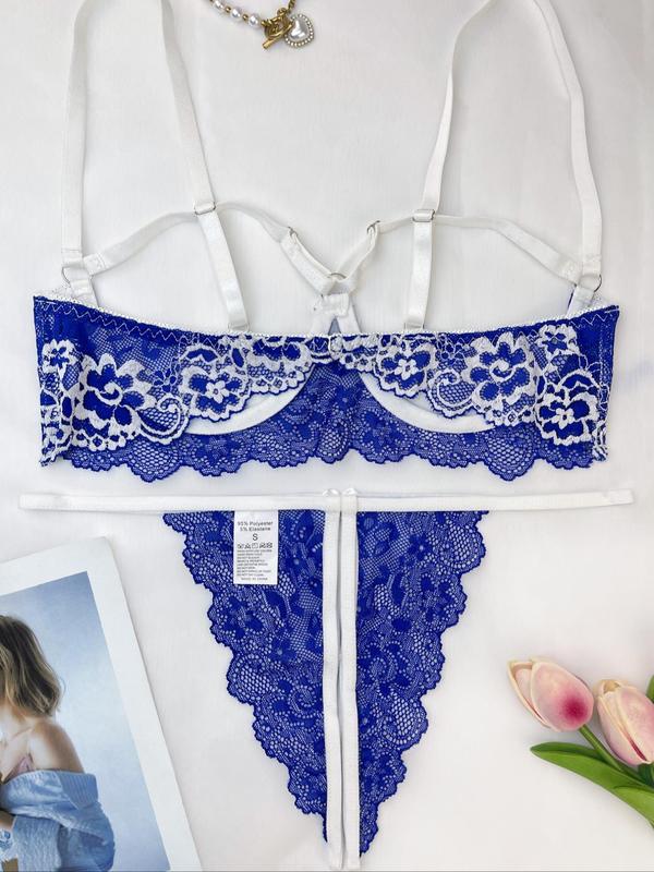 Women's Floral Lace Bra & Thong Two-piece Set, Cut Out Bra & Panty Set, Lingerie Set for Women